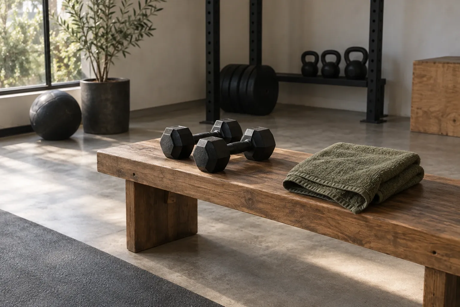 Houten bank in fitnessruimte met dumbbells en opgevouwen handdoek, zonnig licht