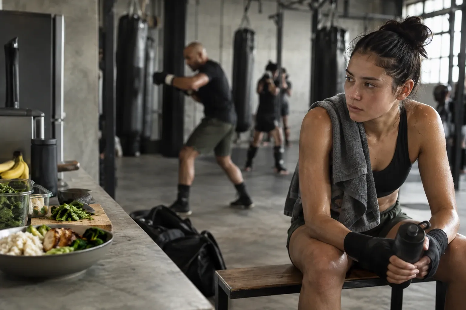 Vrouw met handwraps zittend op bankje, sporttas en maaltijdsalade op tafel, boksschool achtergrond