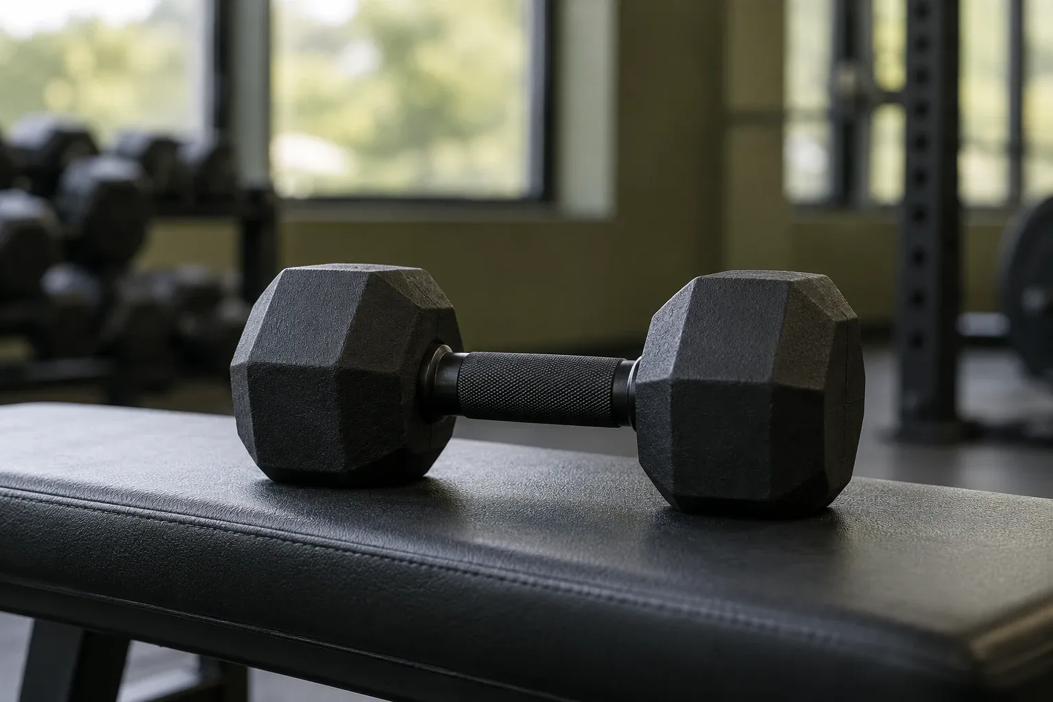 Zwarte hexagonale dumbbell liggend op een trainingsbank in een sportschoolomgeving