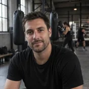 Man met kort donker haar en zwart sportshirt in een sportschool