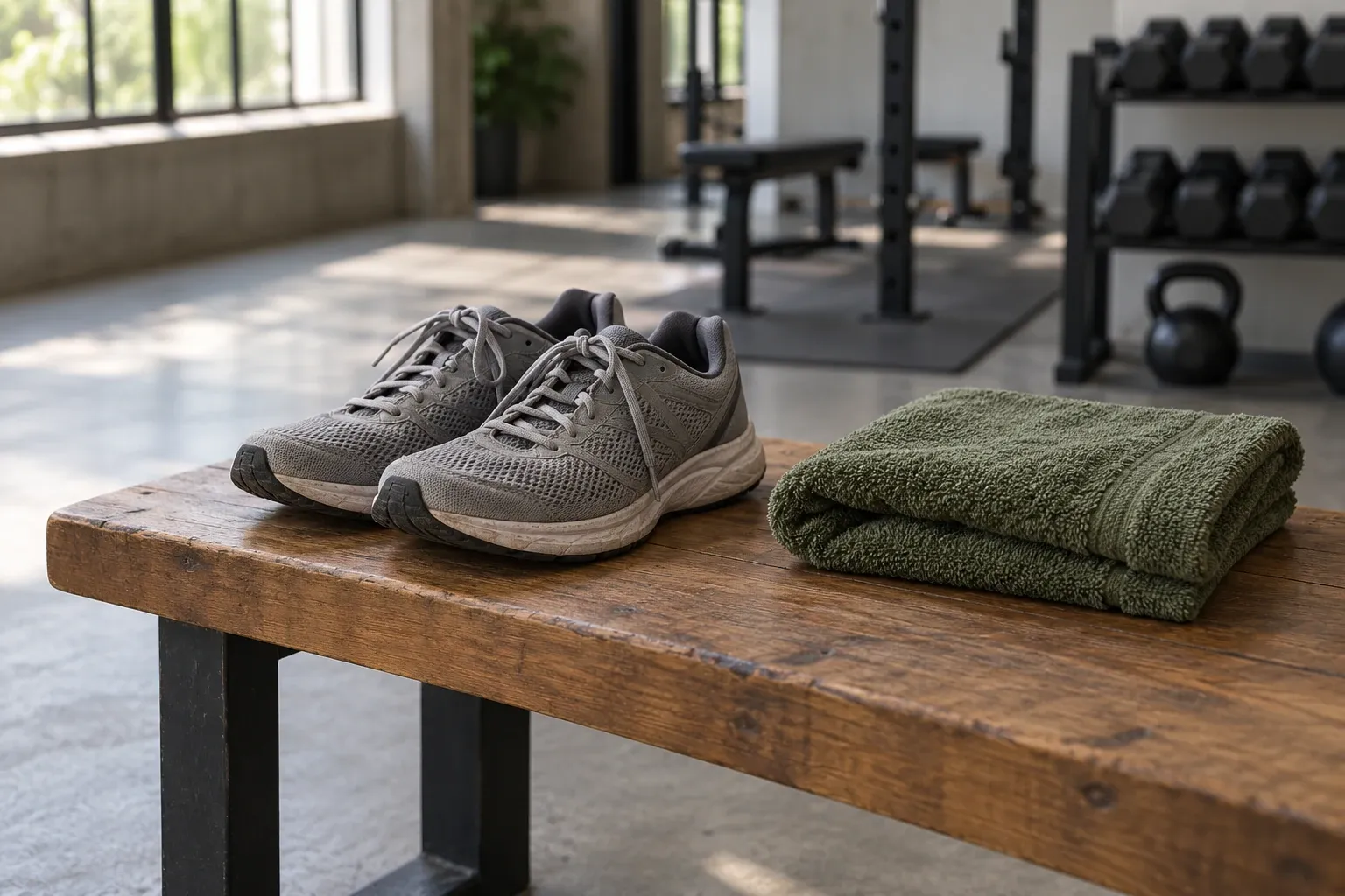 Grijze hardloopschoenen en opgevouwen groene handdoek op houten bank in gym
