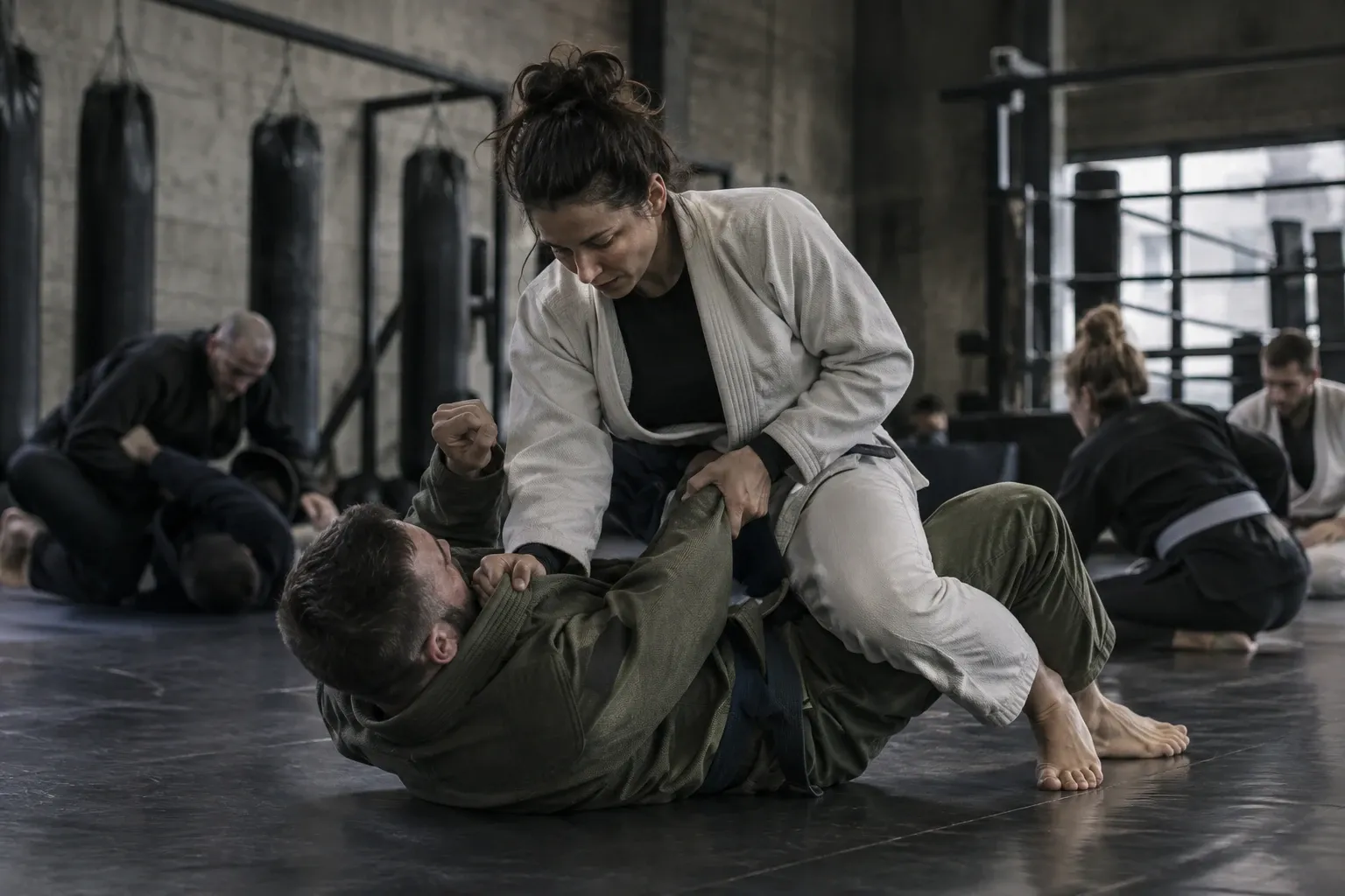 Vrouw in witte gi voert guard pass uit op man in gi op mat in dojo met zware zakken