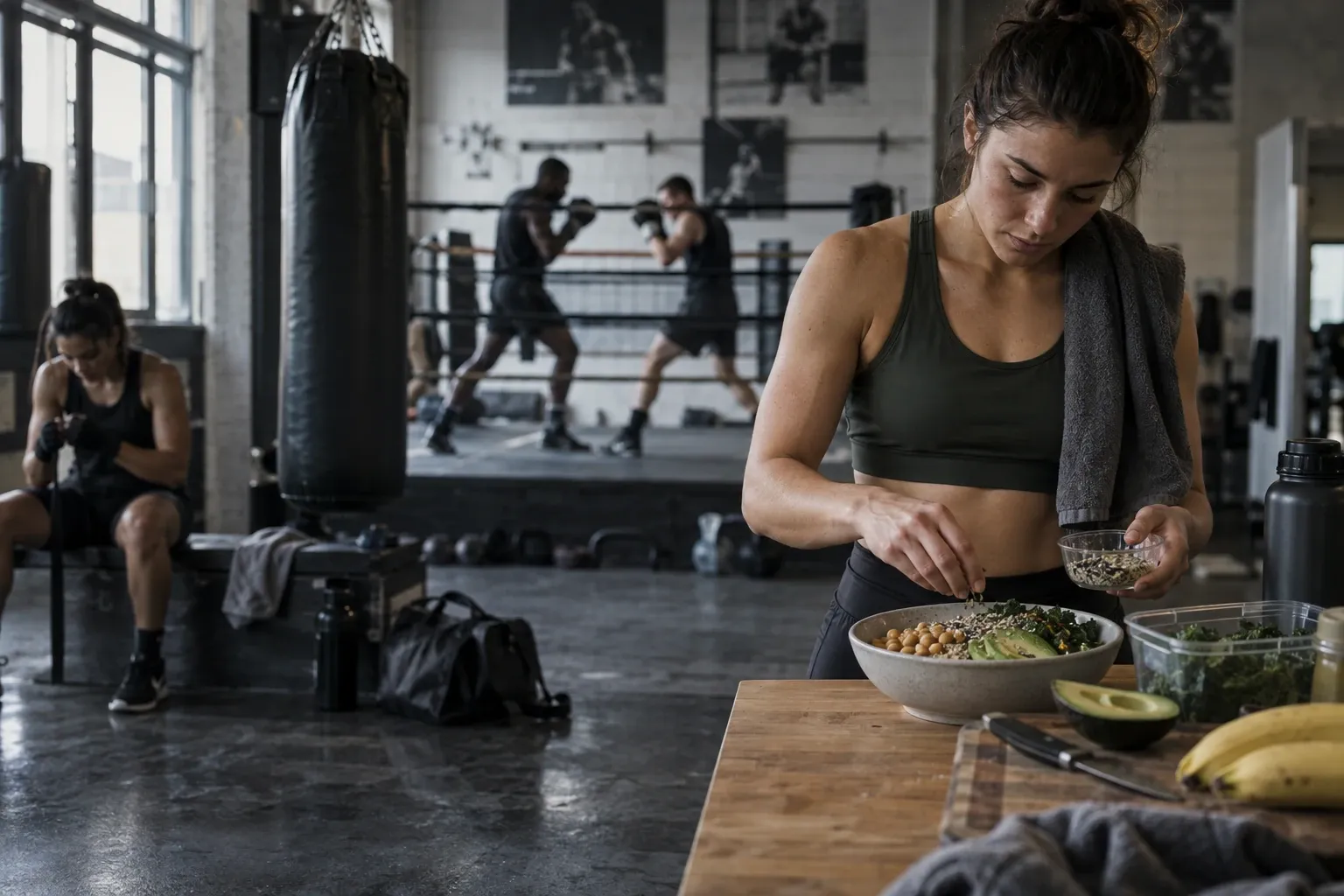 Vrouw in sporttop voegt zaden toe aan gezonde buddha bowl in boksschoolkeuken