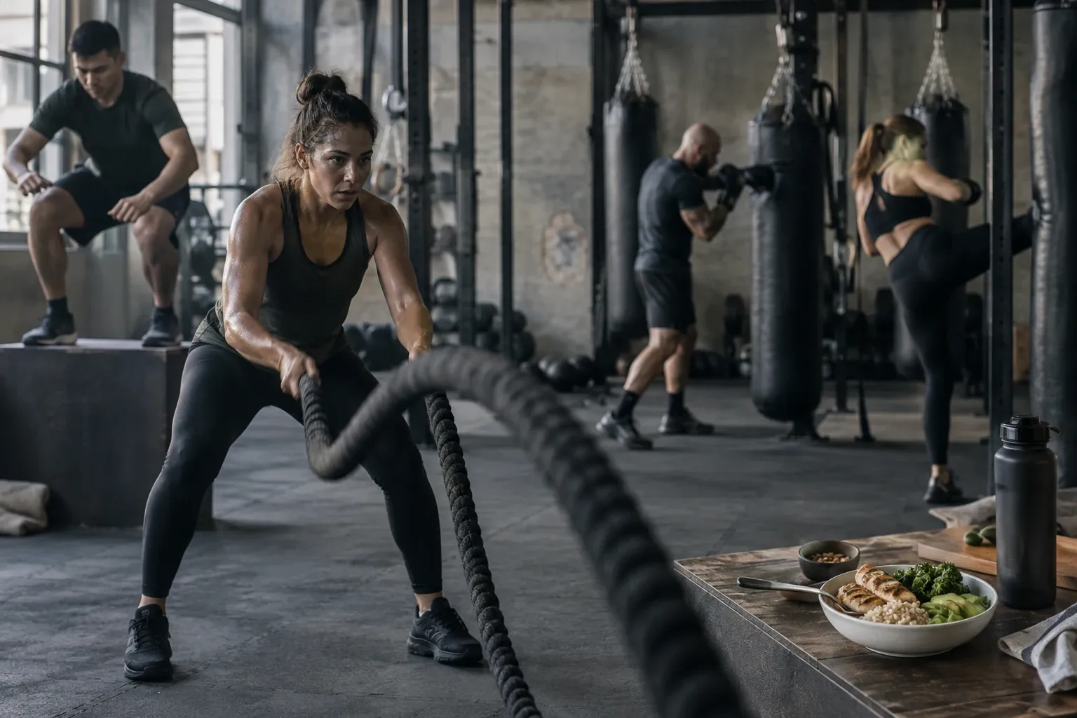 Vrouw slaat zwaar touw in donkere fitnessruimte, anderen boksen en springen op bakstenen platform