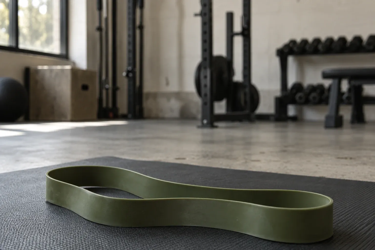 Groen fitness elastiek liggend op yogamat in lichte sportschool met halters en rek
