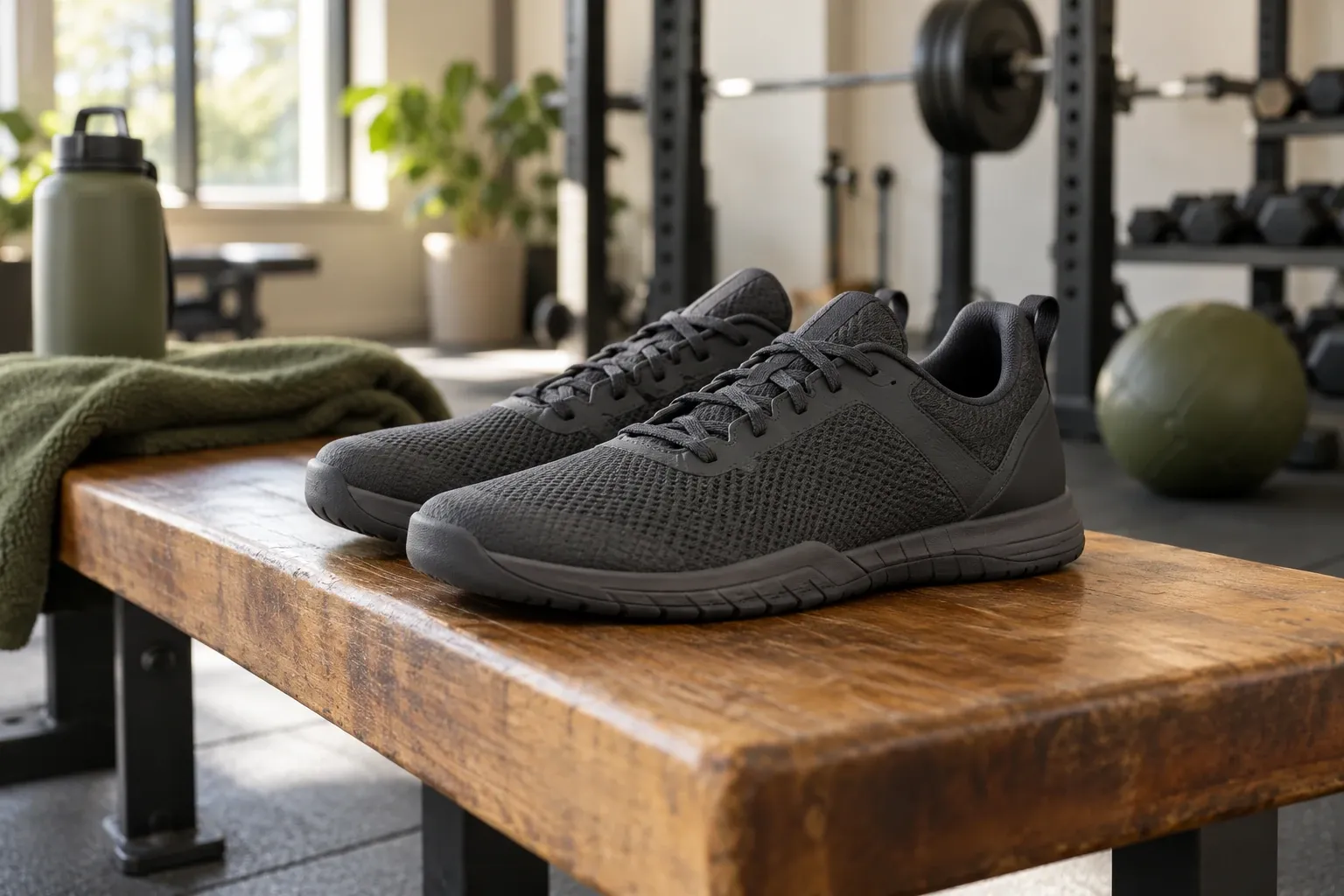 Donkere zwarte fitnessschoenen op houten bank in lichte sportschool, trainingsmateriaal op achtergrond