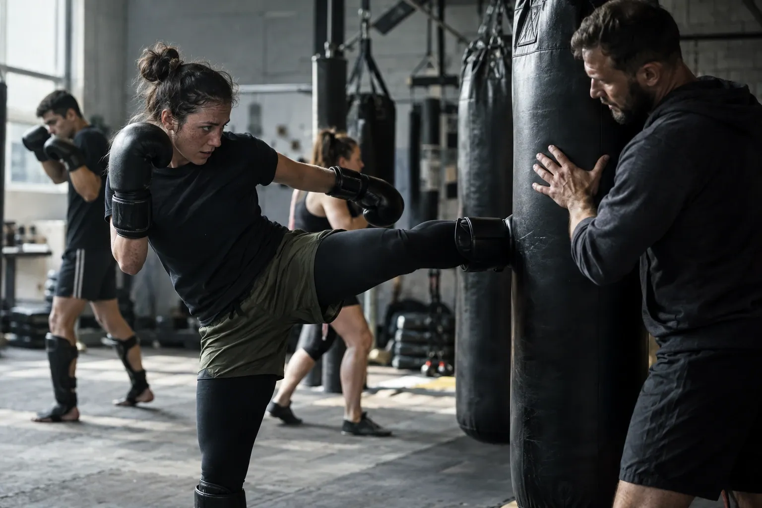 Vrouw traint kickboksen met scheenbeschermers en handschoenen tegen bokszak, coach houdt vast