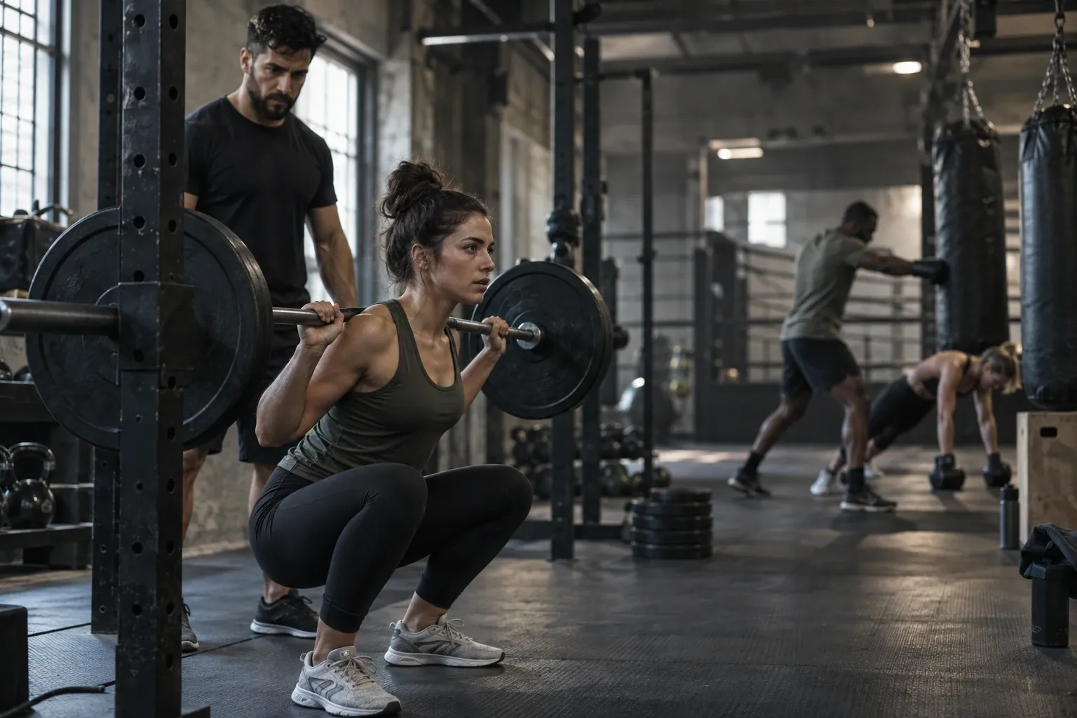 Vrouw doet barbell squat met spotter in industriële sportschool, andere mensen trainen