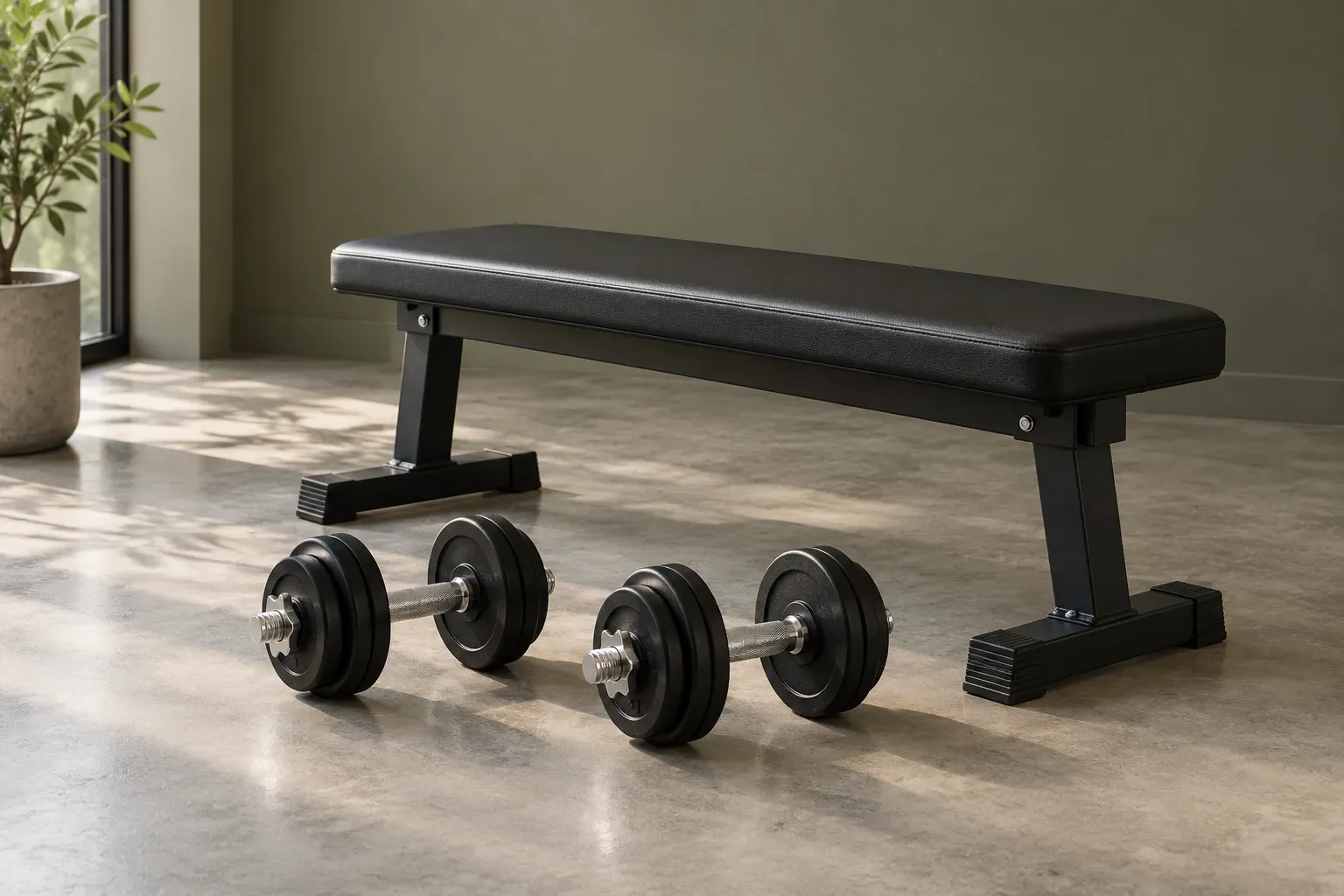 Zwarte halterbank met twee verstelbare dumbbells op betonvloer bij raam