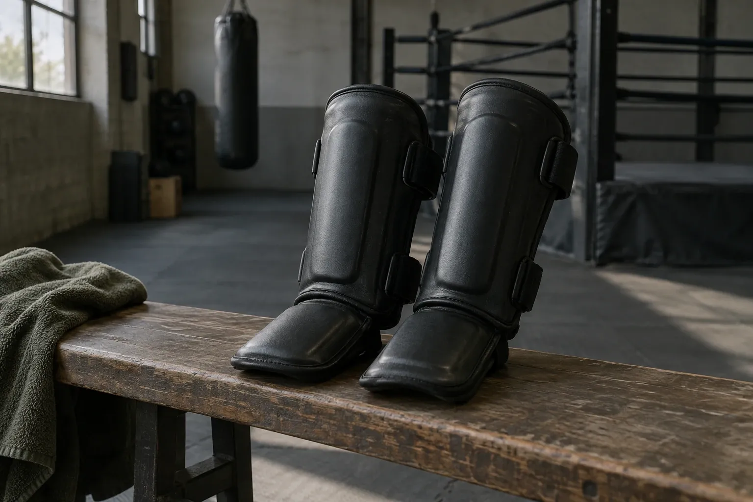 Zwarte leren scheenbeschermers voor kickboksen op een houten bank in dojo