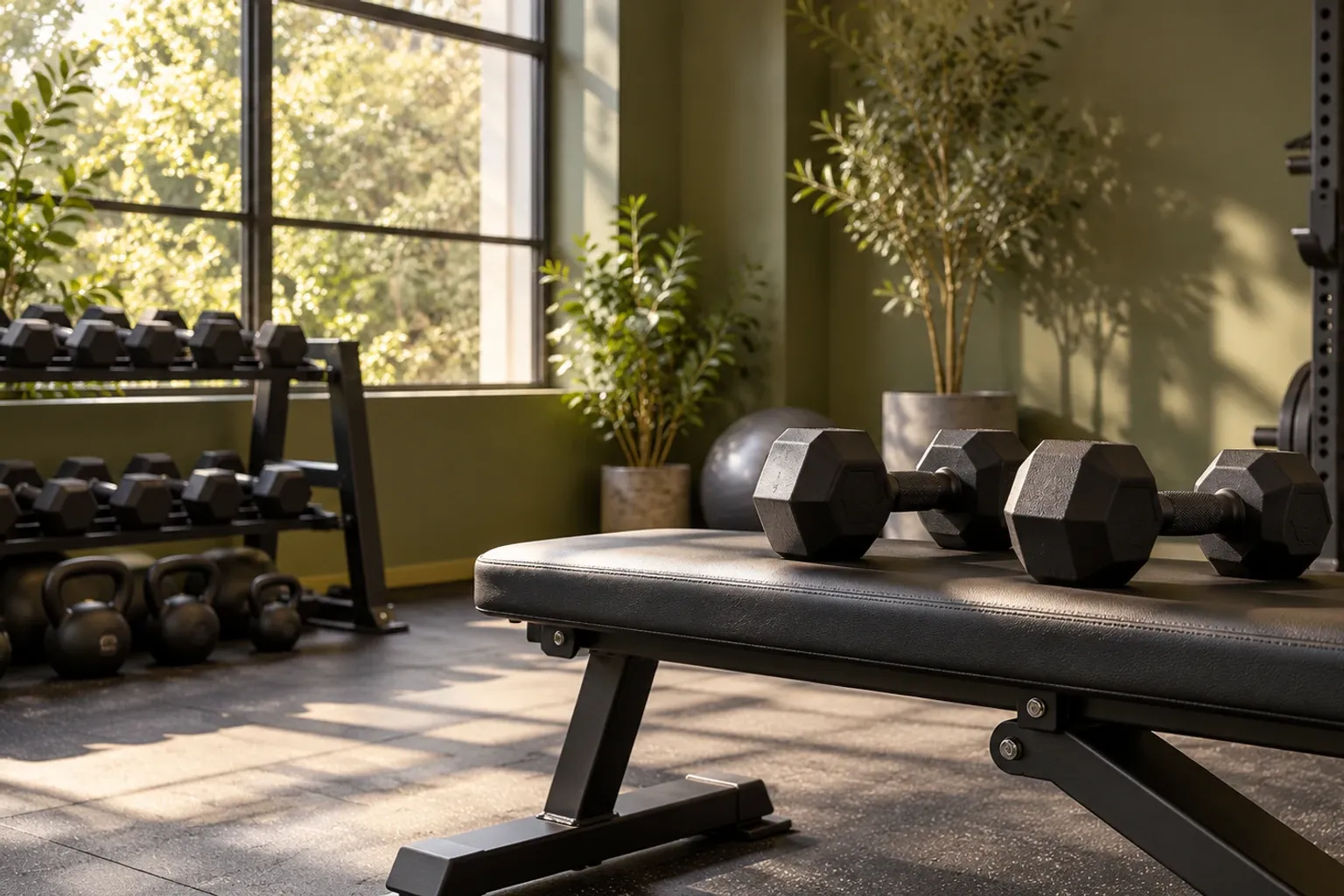 Halfbewarmpte fitnessruimte met dumbbells op bank en kettlebells naast raam