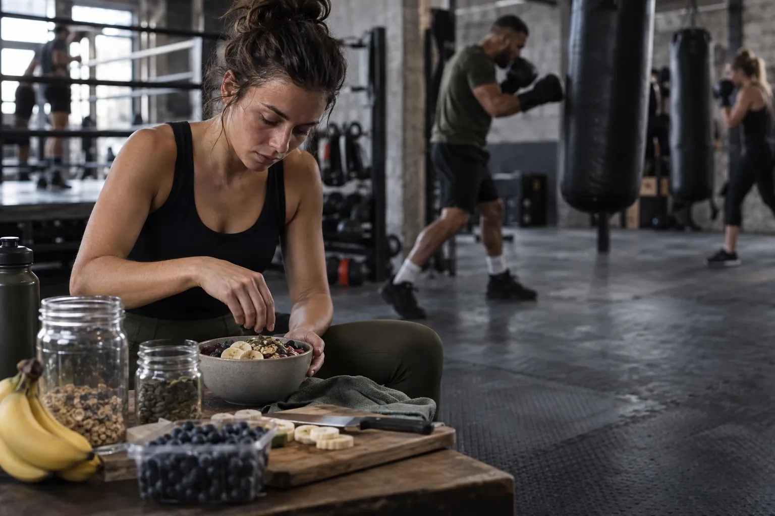 Vrouw in sportkleding eet kom met granola, banaan en bessen in boksgym, bokser op de achtergrond