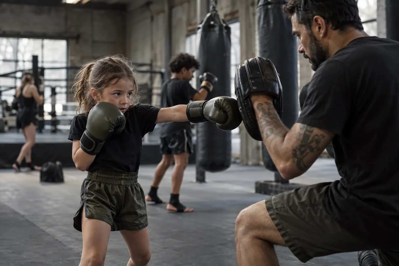 Meisje met bokshandschoenen traint stoot tegen pads met trainer in gym