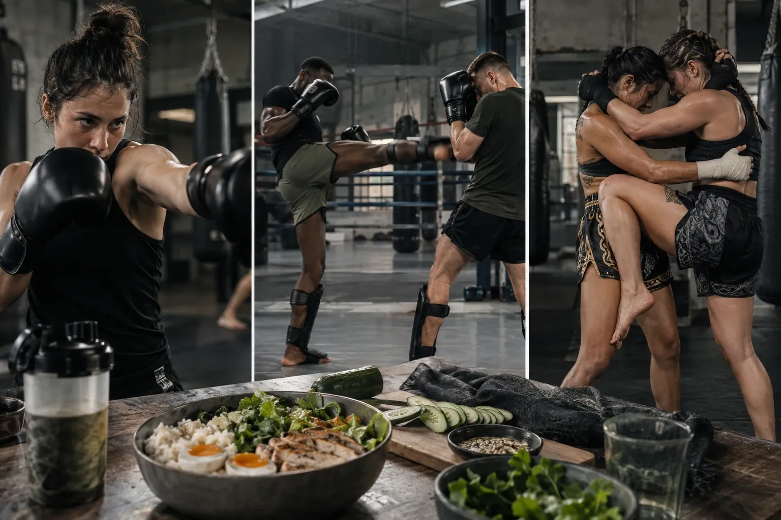 Drie trainingsscènes: bokser stoot, kickbokser trapt sparringpartner, clinchtraining in gym